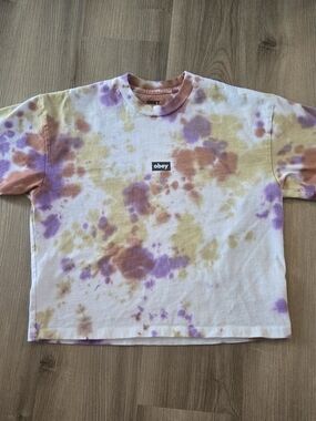 Obey Cropped Tie-Dye Tee in Purple, Gold & Pink